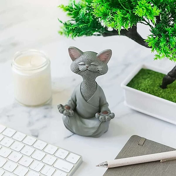 Lille grå kat meditation 12,5 cm meditation sort kat harpiks ornament harpiks håndværk