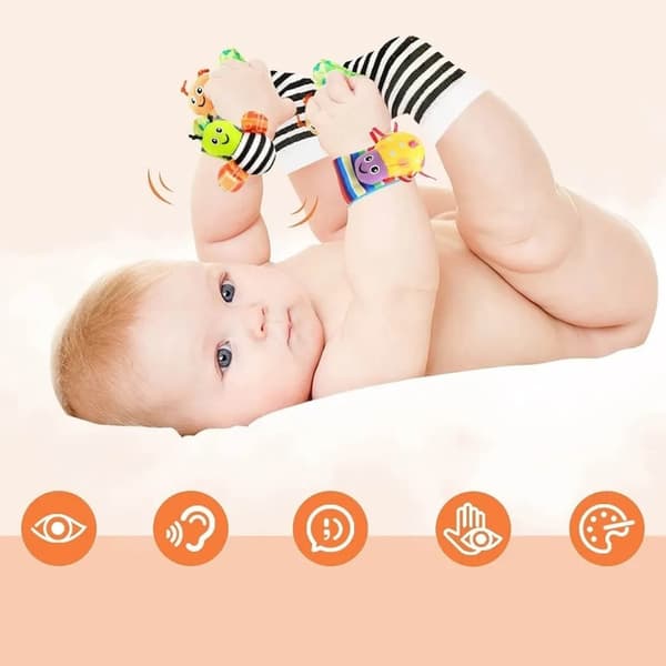 Babyrangleleker Tegneserie Bomullssokker og Håndleddsstropper Spedbarn Tidlig Utdanning Sensoriske Leker Stripe