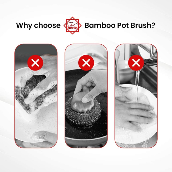 2 stk opvaskebørste med bambusskaft til pander, gryderens Pan Brush