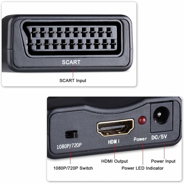 Scart til HDMI-adapter, 1080p HD Scart til HDMI-konverterer kompatibel for NTSC PAL for Sky HD Blu Ray PS3 TV VCR VHS etc.