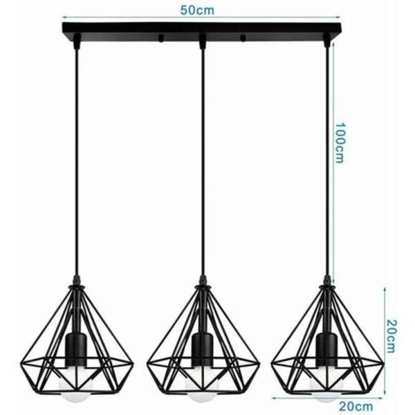 Metall diamantform anheng lysekrone moderne industriarmatur 3 lys E27 for soverom stue kjøkken bar svart