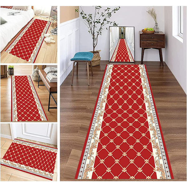 Vintage Red eteisen sisäänkäynnin juoksumatot Pitkät kapeat käytävän matot 0,6 m 0,9 m 1,2 m 1,4 m 1,6 m liukumaton pestävä lattiamatto (90*100),