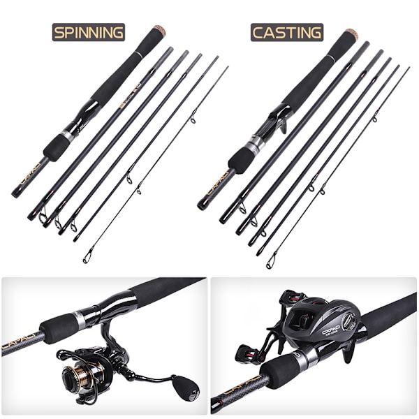 6-delt Carbon Spinnestang - 2,1m & 2,4m Agn Fiskestang Håndstang Tackle