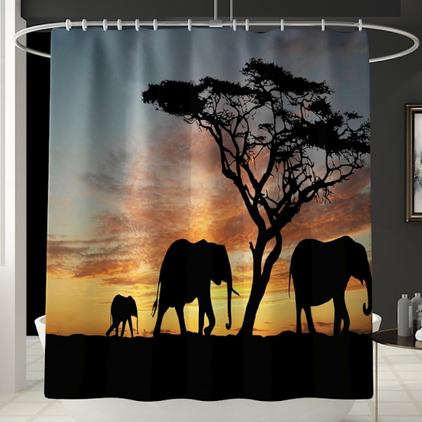 Elephant Silhouette Vandtæt bruseforhæng 4-delt toiletmåttesæt Badeværelsesgardin,