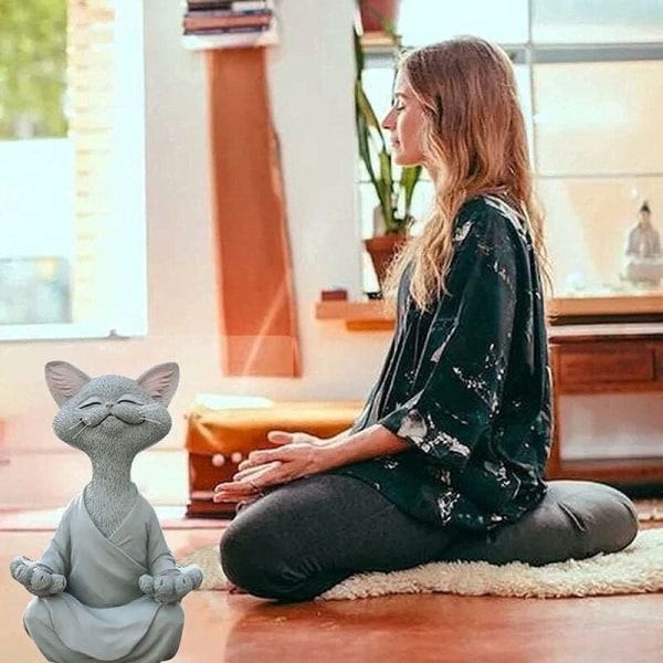 Lille grå kat meditation 12,5 cm meditation sort kat harpiks ornament harpiks håndværk