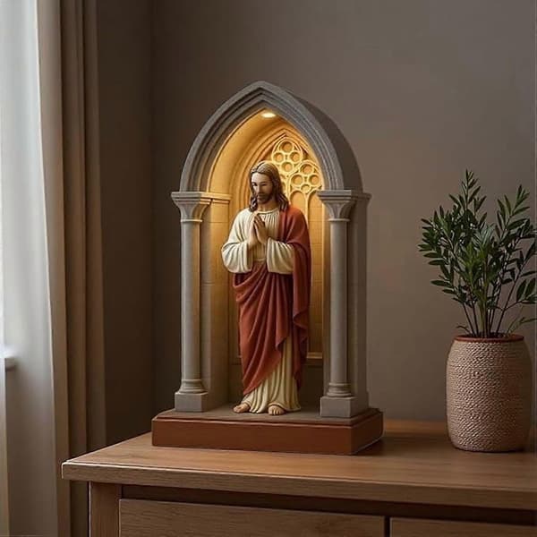 Jesus LED Table Lamp with Holy Statue Religious Night Light for Home Altar Decor, Christian Catholic Devotional Gift for Christmas Easter Baptism