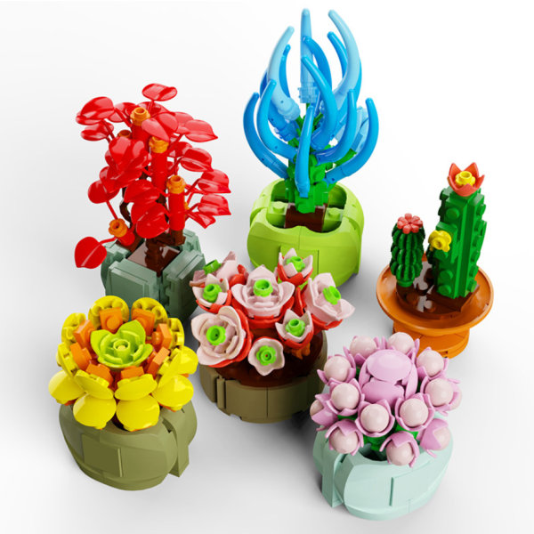 Blindkasse Sukkulente byggeklodser Blomst Børnemanual Plantekompatibel Små partikel samlet legetøj Tide Play (Sukkulent Tilfældig 4 stilarter),