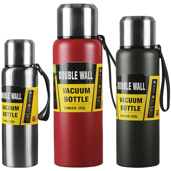 304 1000 ml rejsetermos, kaffeflaske, krus med indbygget låg, rustfrit stål, isoleret tekop, sportsvandflaske (sort)—