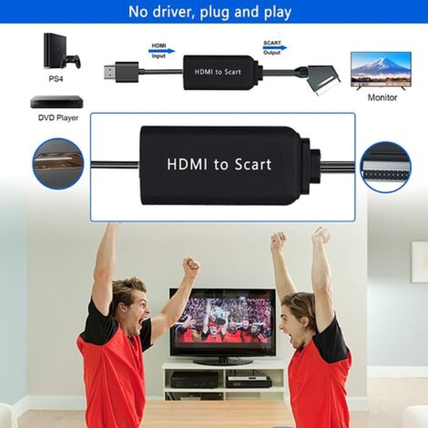 HDMI Scart-adapter med HDMI- og Scart-kabler, HDMI til Scart-konverter kompatibel med NTSC/PAL til PS4-afspiller Sky HD Blu-Ray HDTV STB