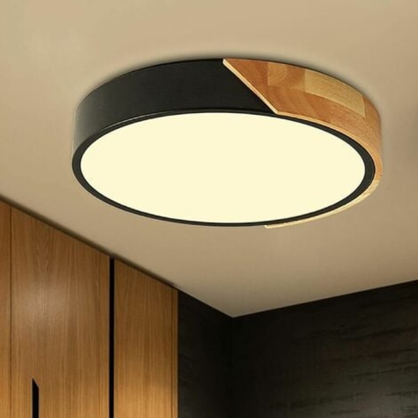 Sort LED-loftslampe, moderne træloftslampe, 18W rund loftslampe med plan monteret til soveværelse køkken stue Ro