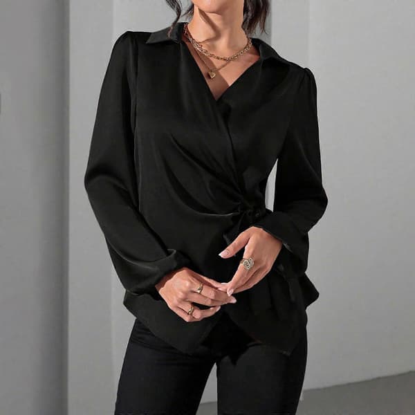 Dame Satin V-hals Bluse Lanterneærme Slå-om Slips Side Business Festlig Skjorte Toppe Grå XL Gray XL
