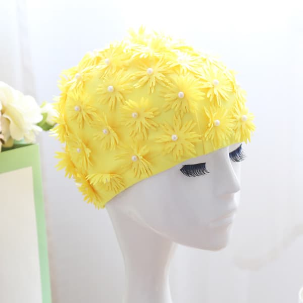 [HT]Badehætte Voksen Badehætte Vintage Blomster 3D Nylon 20X20CM Gul