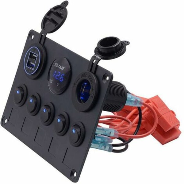 5 Gangs vippbrytarpanel, dubbla USB uttag 12V Laddare Power LED Voltmeter för bil, båt, husbil, husbil (blå) -