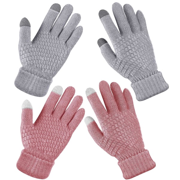 2 par vinterberøringsskjermhansker Varmt ullfôr strikkede hansker med elastiske mansjetter