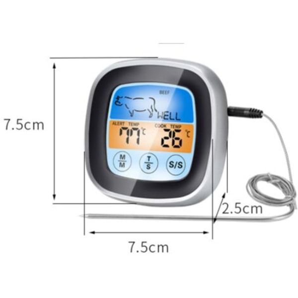 Digitalt kjøtttermometer, grilltermometer med LCD-skjerm, kjøkkentimer, brukes til grilling, stekeovn, BBQ, matlaging, røyker