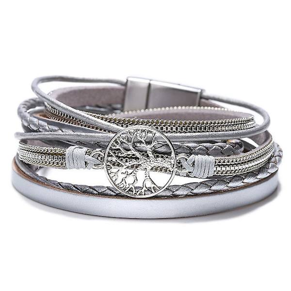 Boho Pearl Tree of Life magneettinen nahkarannekoru silver-1