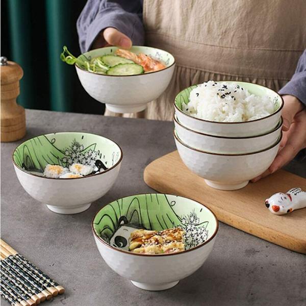 Sett med 2 frokostblandingsskåler i porselens-pandastil, salatskål, fruktskål, frokostblandingsskål, dessertskål, snackskål, bolle for chi