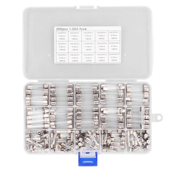 Sortiment af bilsikringer - 200 stk. Glasssikringer til bil, campingvogn, båd, lastbil - 5x20mm 6x30mm 250V