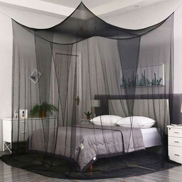 Myggenetseng, dobbelt baldakin Myggenet 210 x 190 x 240 cm - 4 døre, stort polyester enkelt myggenet til rejser og hjem - sort