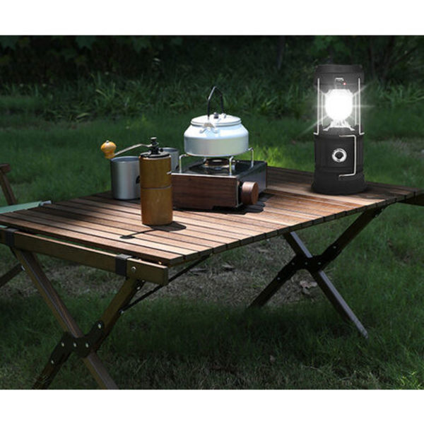 Solar/USB genopladeligt LED-lys, kraftfuldt campinglys, 2 modes bærbart havelys, 360° hængende lommelygte, sort