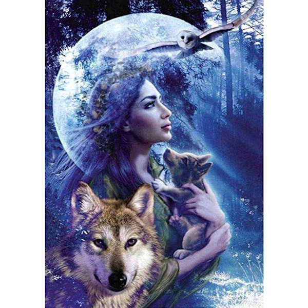 Tee-se-itse 5D diamond painting täys pyöreä porasarja tekojalokivikuvaaskartelu kodin seinän sisustukseen 30x40cm nainen ja susi metsässä,