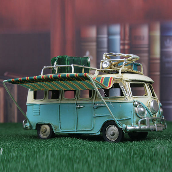 Metall Bilmodell Vintage RV Husbil Leksak Simulointi Limousine Strandbuss Heminredning För Desktop Hylla Blue