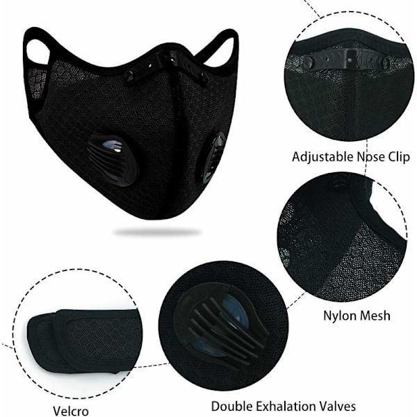 Svart 4PC+12st utbytesfjärilsfilterpatron Cykelmask utomhus Dammtät aktivt kolmask