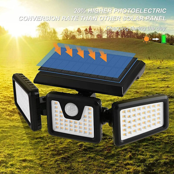 Solar rörelsesensor säkerhetsljus, kraftfull utomhusväggspotlight med 3 huvuden, 550 lumen