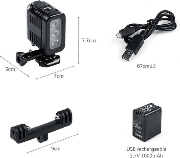 Dykkerlys til GoPro, Xiaomi Yi, actionkameraer, 45m vandtæt dæmpbart undervandslys, USB genopladeligt LED-videolys