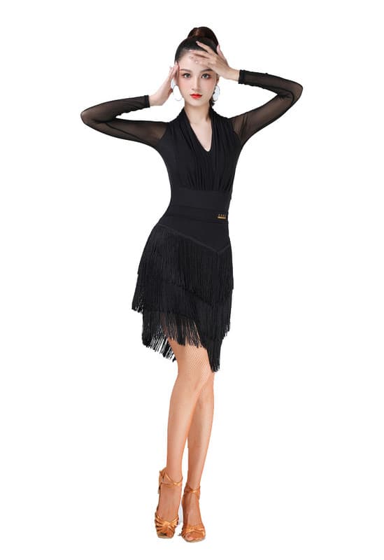 Dame nederdel med frynser til dans, latin, salsa, tango, balsal Sort Black L
