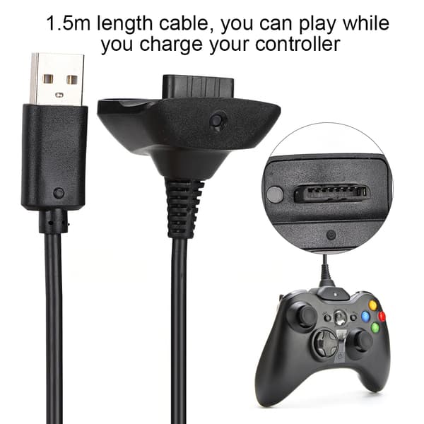 Højkvalitets 2 I 1 1.5m Ladekabel Til Microsoft XBOX 360 Controller Hurtig Opladning (Sort)