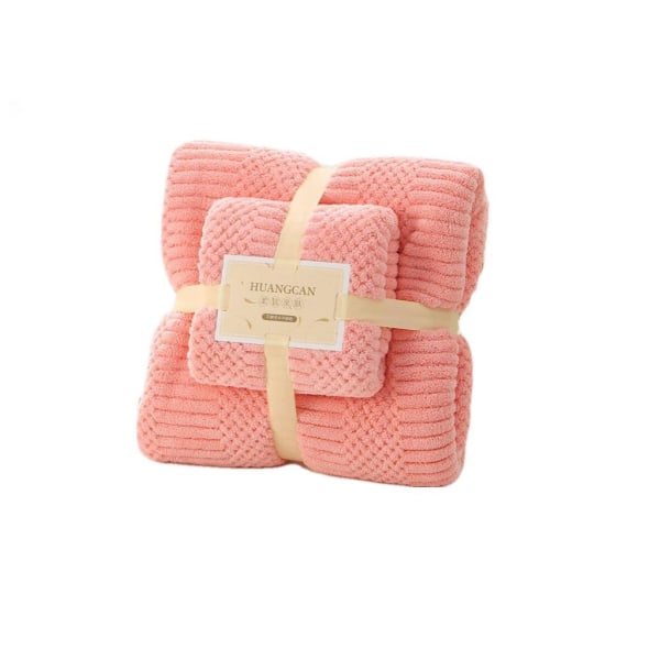 Quick Dry Coral Velvet Absorberende Badehåndklæde Sæt (High Density Auspicious Grid-Pink Orange)