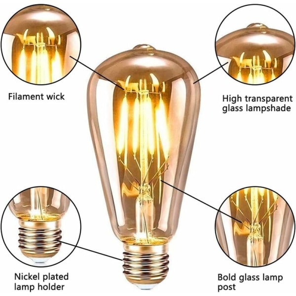 4W Edison LED-glødelampe E27 ST64 (=40W dekorative glødepærer), 470Lm Varm hvid 2700K, Vintage Lampe Retro Bu