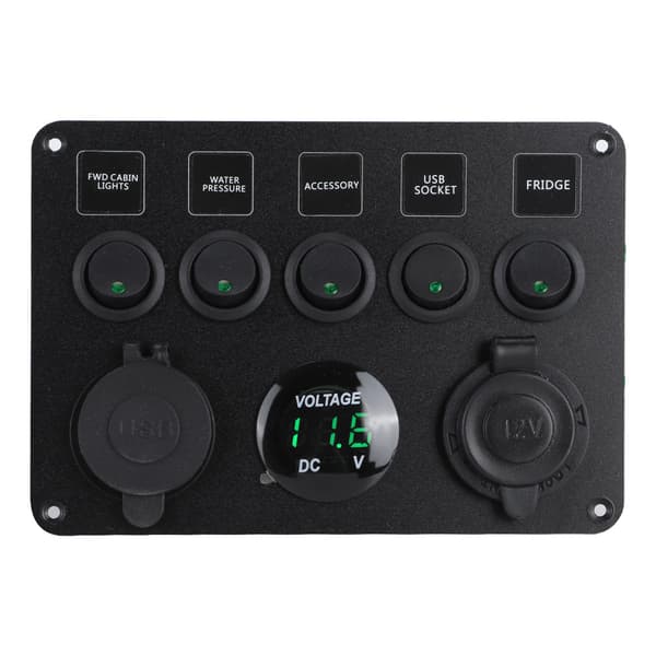 5-vägs LED-vippströmbrytarpanel med digital voltmeter, universal för RV-bilbåt, grön