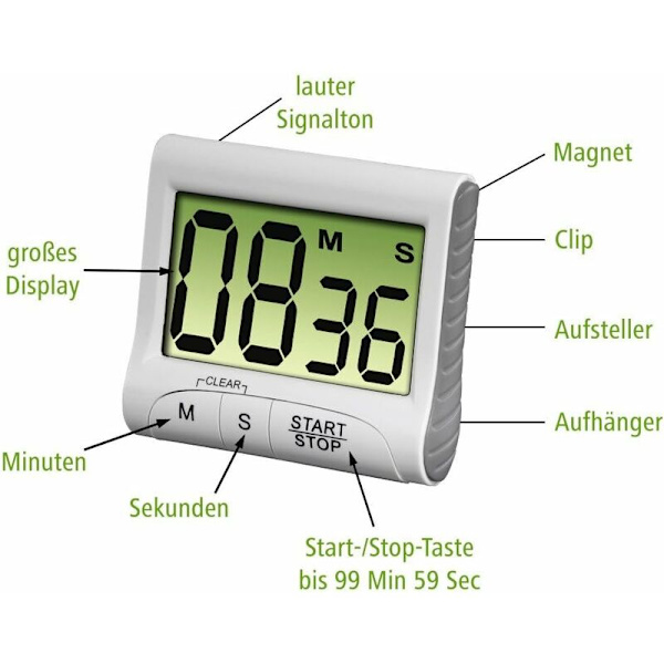 Kökstimer med timer och stoppursfunktioner, säkrad med magneter, klämmor, konsoler eller konsoler, batteridriven, digi