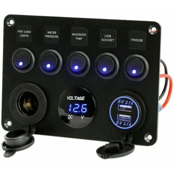 5 Gangs vippbrytarpanel, dubbla USB uttag 12V Laddare Power LED Voltmeter för bil, båt, husbil, husbil (blå) -