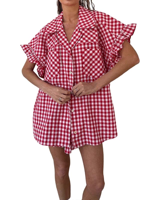 Dame Gingham Flæseærme Knapskjorte og Shorts Todelt Sæt Tern M[ht] Plaid M