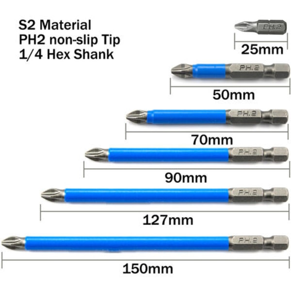 5 ST Magnetisk skruvmejselbit, industriellt legerat stål S2/PH2 Halkfri Phillips Head elektrisk skruvmejsel (Anti-Slip PH2*