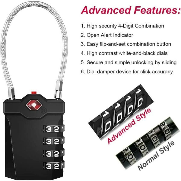 Bagasjelås, 4-sifret kombinasjonshengelås med åpen alarm, kombinasjonshengelås med treningskabel (2 deler, svart)