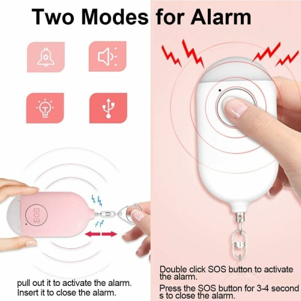 Oppladbar Wolf Alarm, Smart Wolf Alarm Lommelykt, Personlig Alarm - Rosa + Hvit