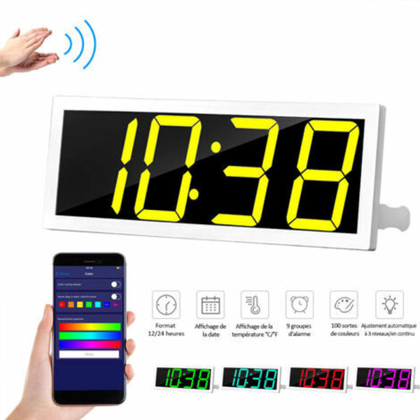 Smart Väggklocka med stor skärm APP Kontroll Tid/Datum/Inomhustemperatur Display 100 färgskärm Valfri röstkontroll