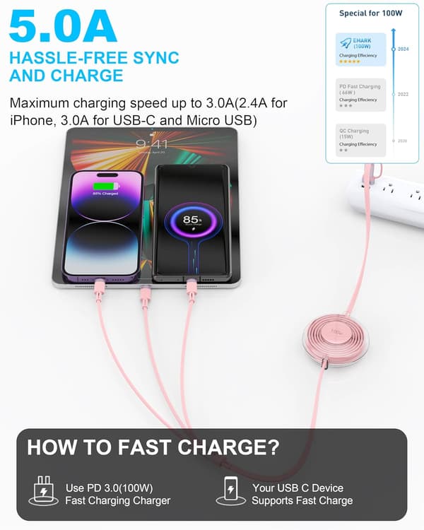 2025 Nyeste Model 100W USB C Multi USB-kabel, 3 i 2 USB-kabel, Udtrækkeligt Hurtigt USB iPhone Opladningskabel, Flere Micro USB Type C iPhone