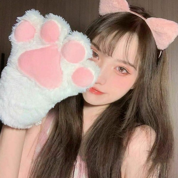 Kvinnor Björn Plysch Cat Paw Claw Handskar Vinter Fuskpäls Fingerless Mittens Handskar White