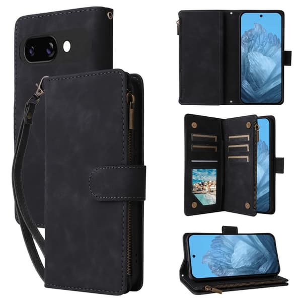 Google Pixel 9a Zipper PU-Läder Plånboksfodral - Svart Svart black