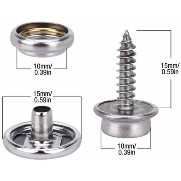 Nepparit, 150 kpl ruostumattomasta teräksestä ruuvikiinnittimet 15 mm metalliset nepparit ja 2 set