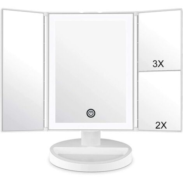 Sminkspegel med LED-ljus och pekskärm, 1X/2X/3X förstoring, 180° justerbar rotation, bänkspegelsbatte
