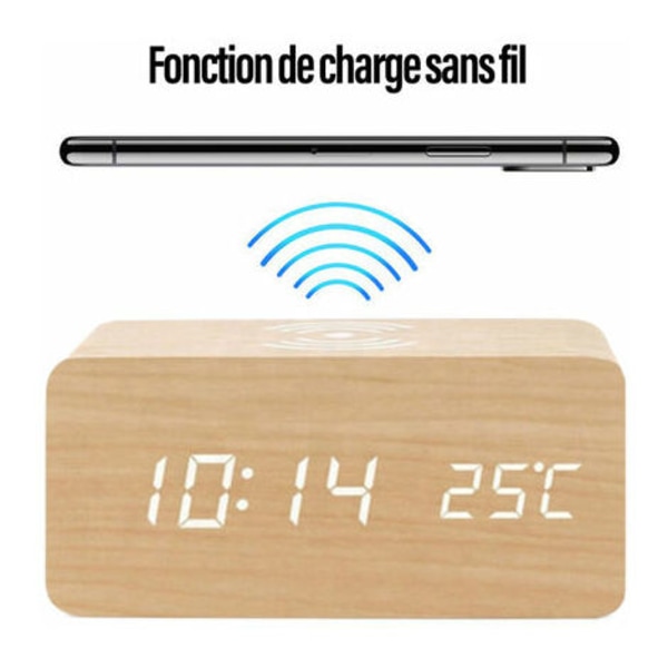 Digitalt vækkeur Med Trådløs Oplader Led Desktop Vækkeur Temperatur Display, Bronzer - Bronzer