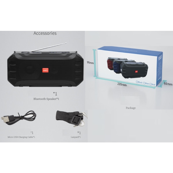 Bärbar FM-radio för utomhussport, subwoofer bluetooth högtalare, solficklampa bluetooth trådlös högtalare (svart),