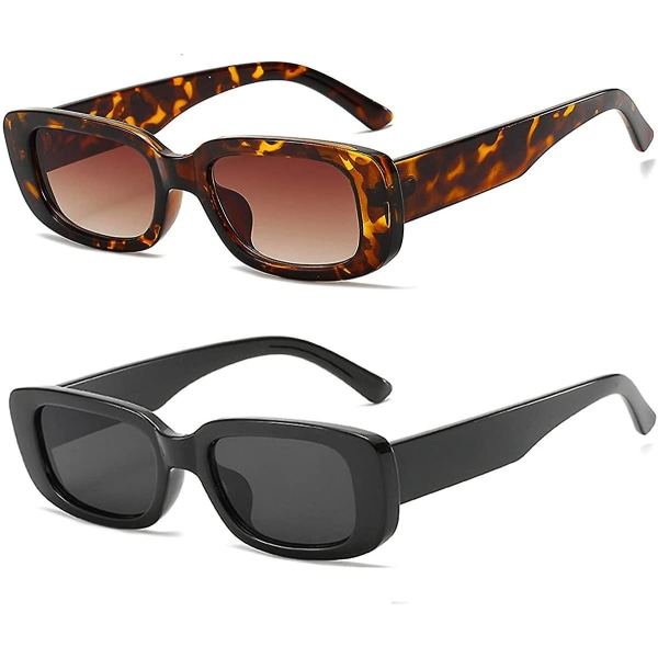 2-pakningsbrille med firkantet innfatning for kvinner med UV 400-beskyttelse og vintage mote (te-stykke med leopardinnfatning + svart innfatning, svart stykke)