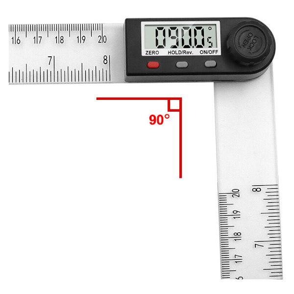 0-200 mm rød og grå 3-knaps digital visningsvinkellineal Transparent digital visningsvinkellineal Vinkelmåler Højrevinklet lineal
